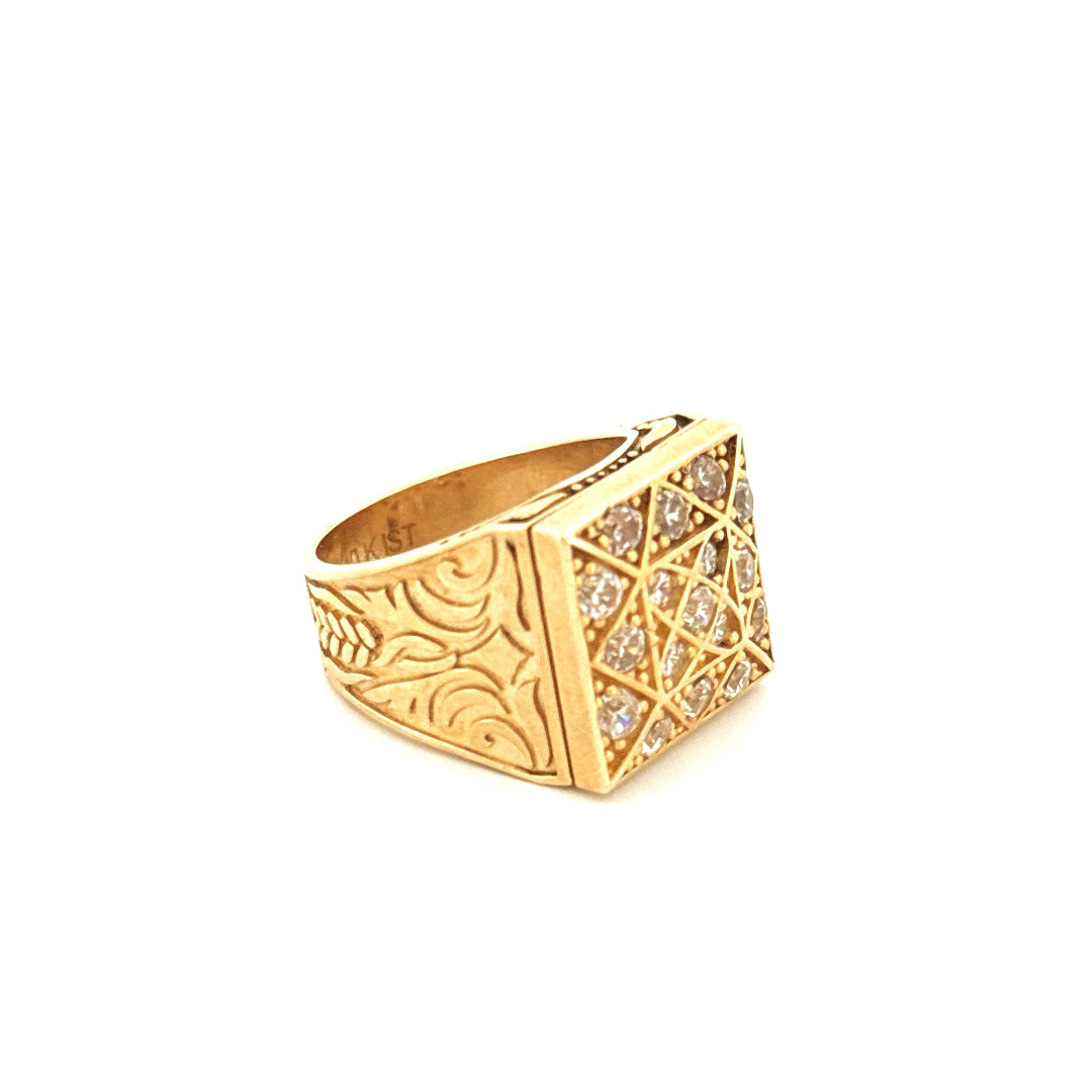 Anillo de hombre roseta cuadrado de oro amarillo de 10K con circonitas, talla 11, peso 17 g