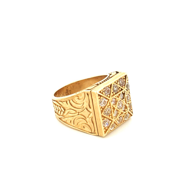Anillo de hombre roseta cuadrado de oro amarillo de 10K con circonitas, talla 11, peso 17 g