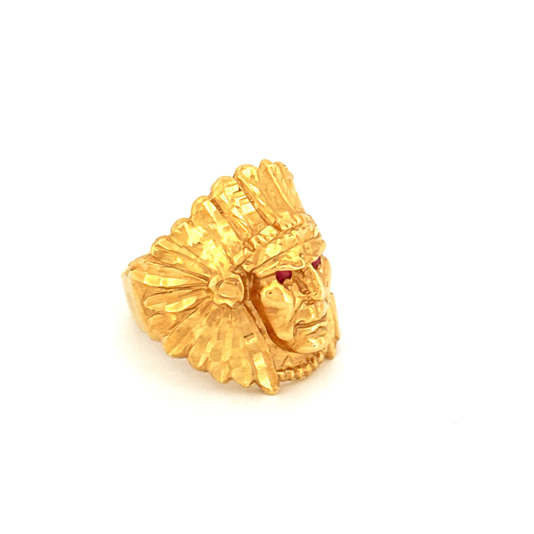 Anillo de hombre indio de oro amarillo de 14k con circonita y piedra roja, talla 11, peso 17.2 GR