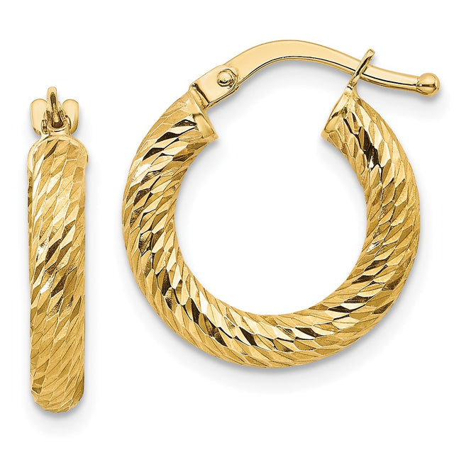 10k 3×16 Diamond-cut Round Hoop Earrings