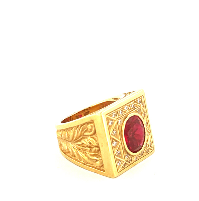 14k Yellow Gold Men's Ring Oval Red Stone & Cz  Size 10 3/4 Weight 37.8 gr