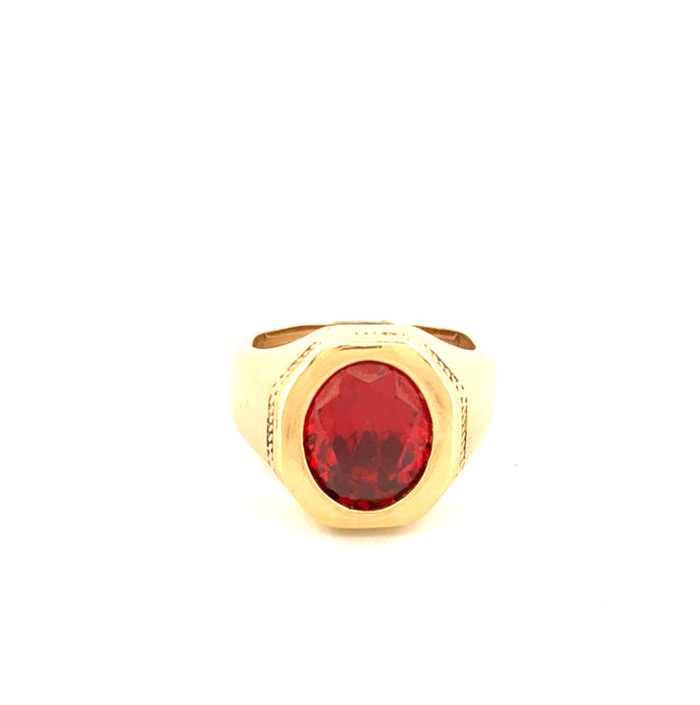 14k Yellow Gold Men's Ring With Oval Red Stone  Size 9 1/2 Weight 10.4 gr