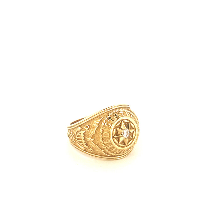 14k Yellow Gold Men's Ring With United States Navy Engravement & Cz Size 10 1/2 Weight 10.8 gr