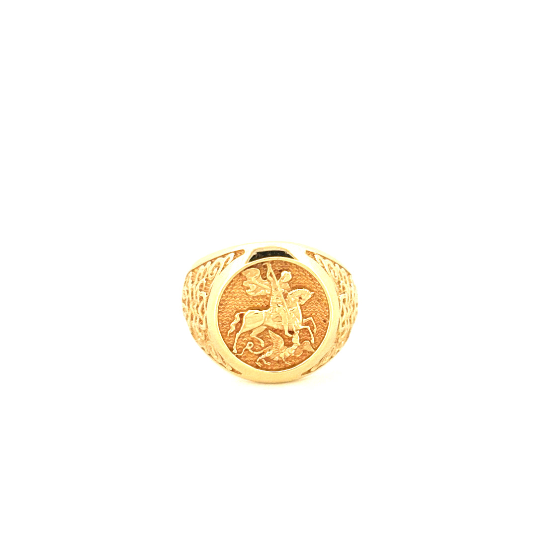 14k Yellow Gold George & Dragon Men's Ring Size 11 Weight 11.5 gr