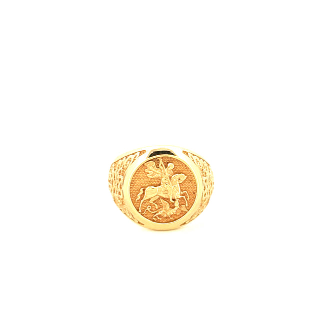 14k Yellow Gold George & Dragon Men's Ring Size 11 Weight 11.5 gr