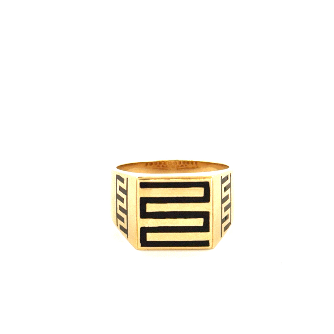 14k Yellow Gold Men's Ring With Black Greek Key Design Size 10 1/2 Weight 10.9 gr