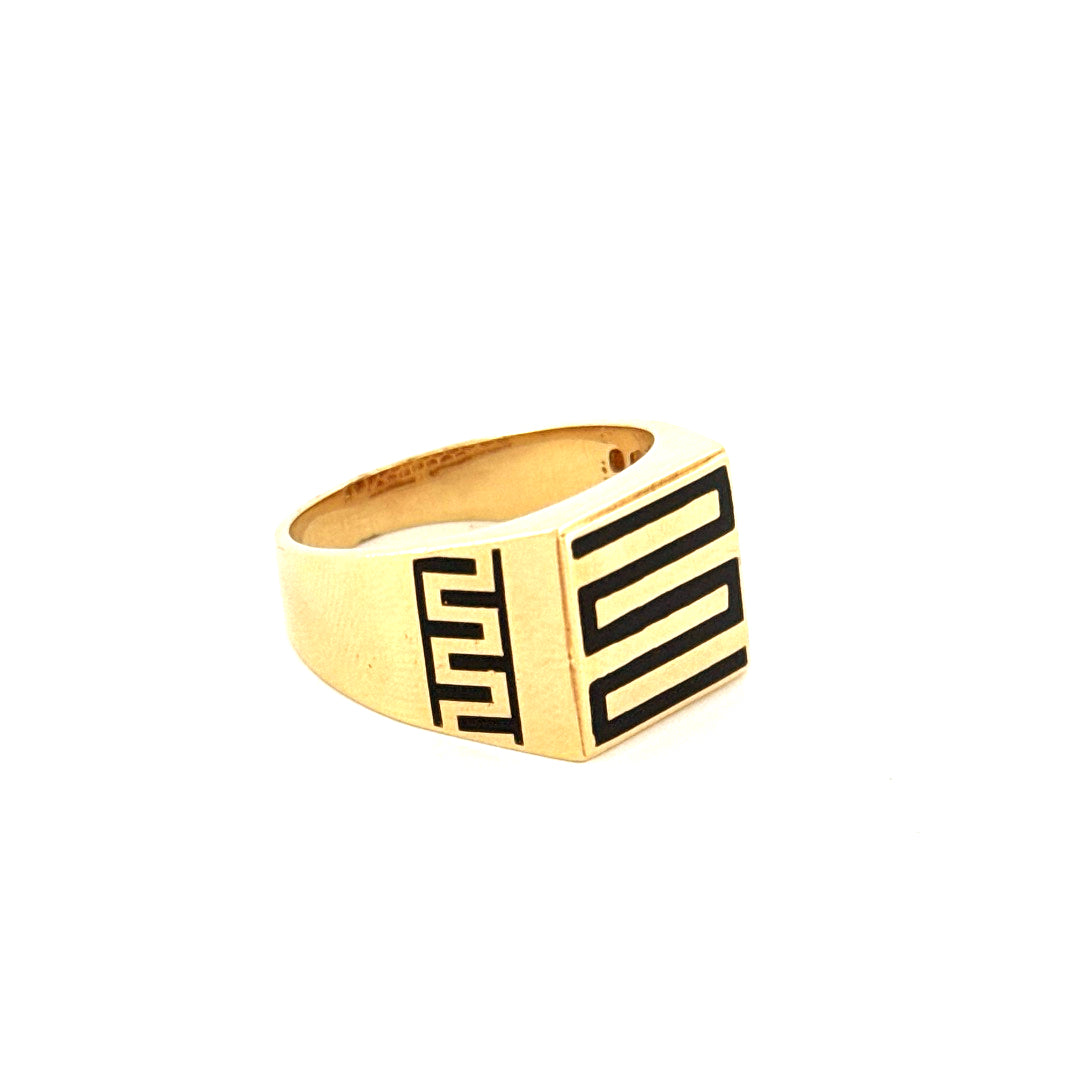 14k Yellow Gold Men's Ring With Black Greek Key Design Size 10 1/2 Weight 10.9 gr