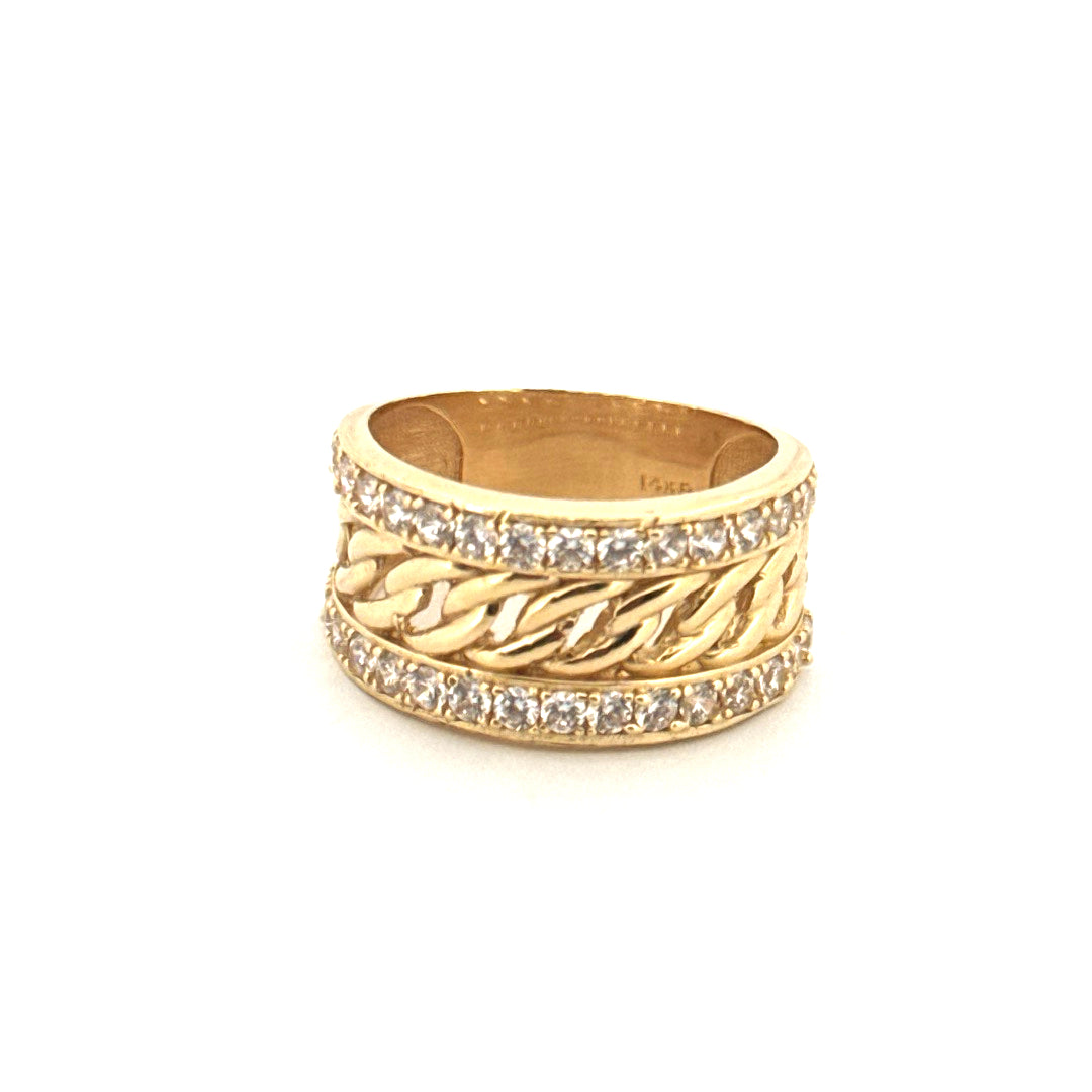 14k Yellow Gold Women's Fashion Ring With Chain Design & Cz Size 9 3/4 Weight 7.2 gr