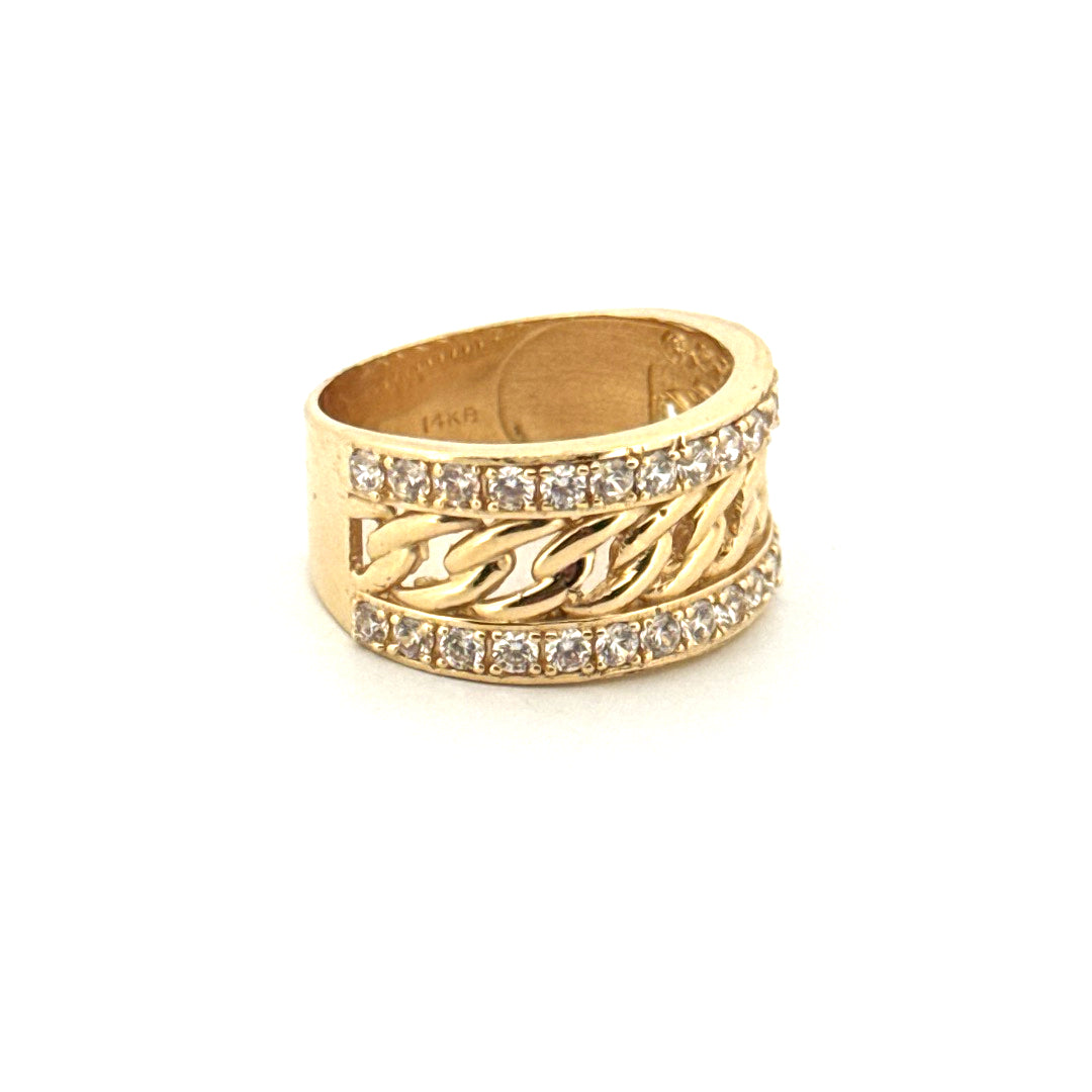 14k Yellow Gold Women's Fashion Ring With Chain Design & Cz Size 9 3/4 Weight 7.2 gr