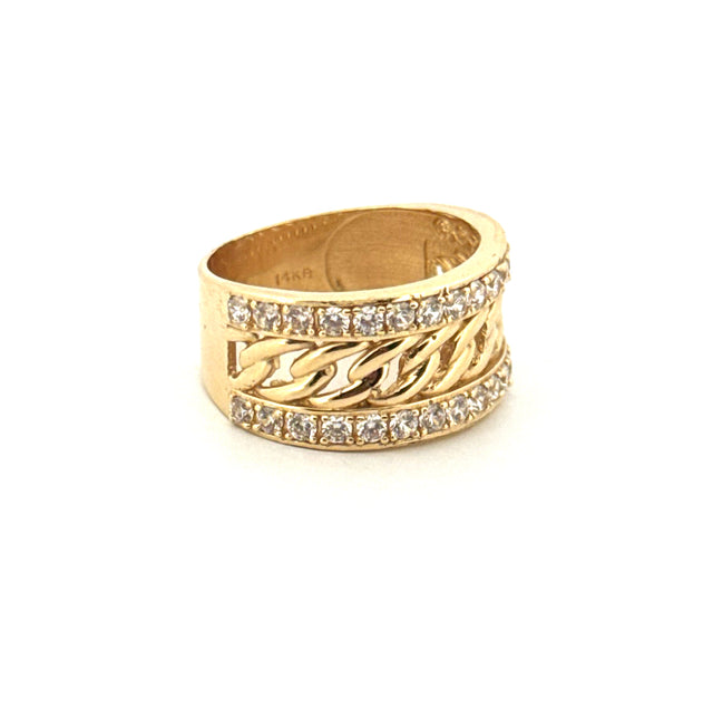 14k Yellow Gold Women's Fashion Ring With Chain Design & Cz Size 9 3/4 Weight 7.2 gr