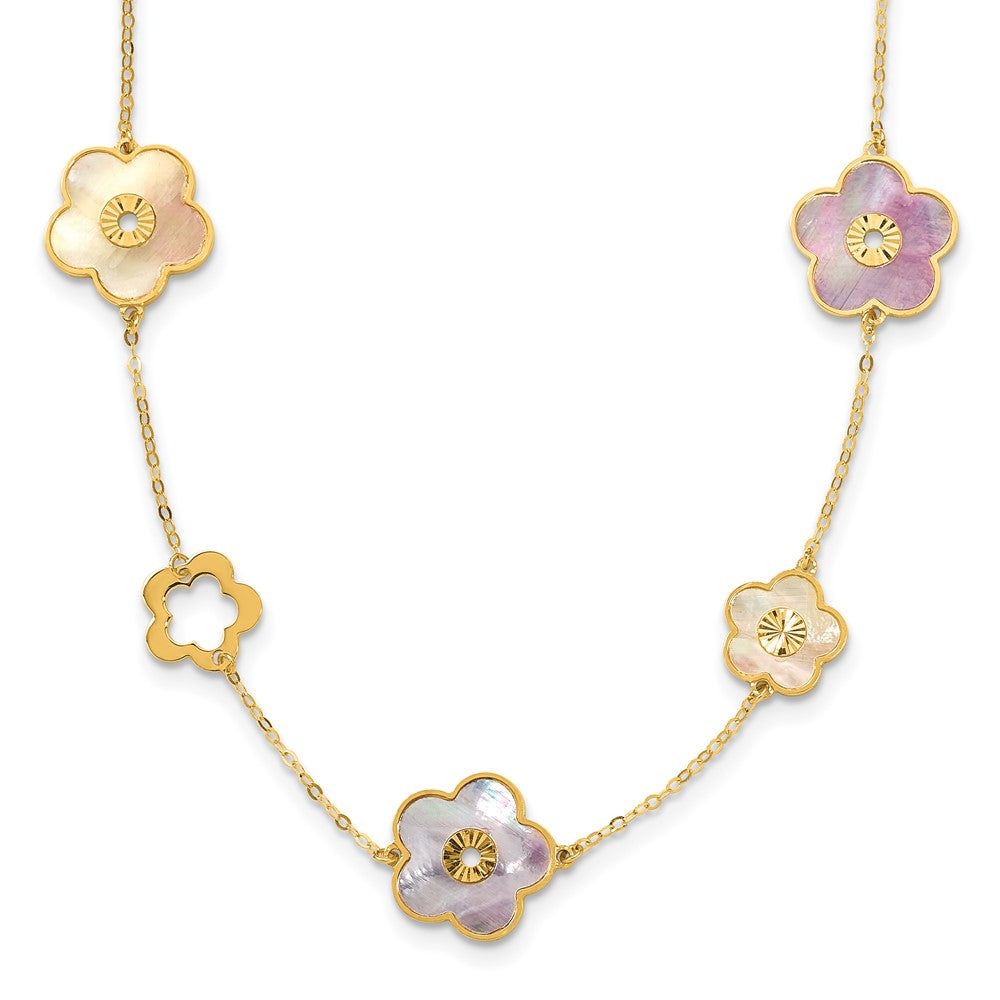 Herco 14K Polished Pink/Wht MOP Reversible Flower w/ 1in Ext 18in Necklace