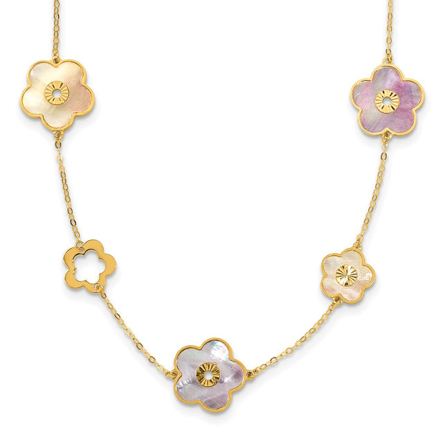 Herco 14K Polished Pink/Wht MOP Reversible Flower w/ 1in Ext 18in Necklace