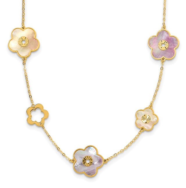 Herco 14K Polished Pink/Wht MOP Reversible Flower w/ 1in Ext 18in Necklace