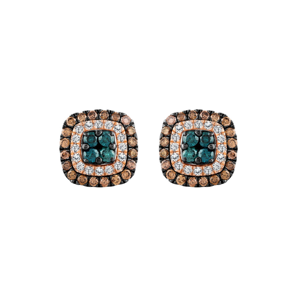 LADIES EARRINGS 1.00CT ROUND/DARK BROWN/BLUE DIAMOND 14K ROSE GOLD
