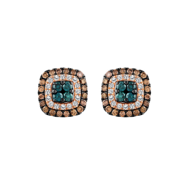 LADIES EARRINGS 1.00CT ROUND/DARK BROWN/BLUE DIAMOND 14K ROSE GOLD