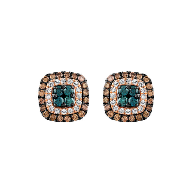 LADIES EARRINGS 1.00CT ROUND/DARK BROWN/BLUE DIAMOND 14K ROSE GOLD