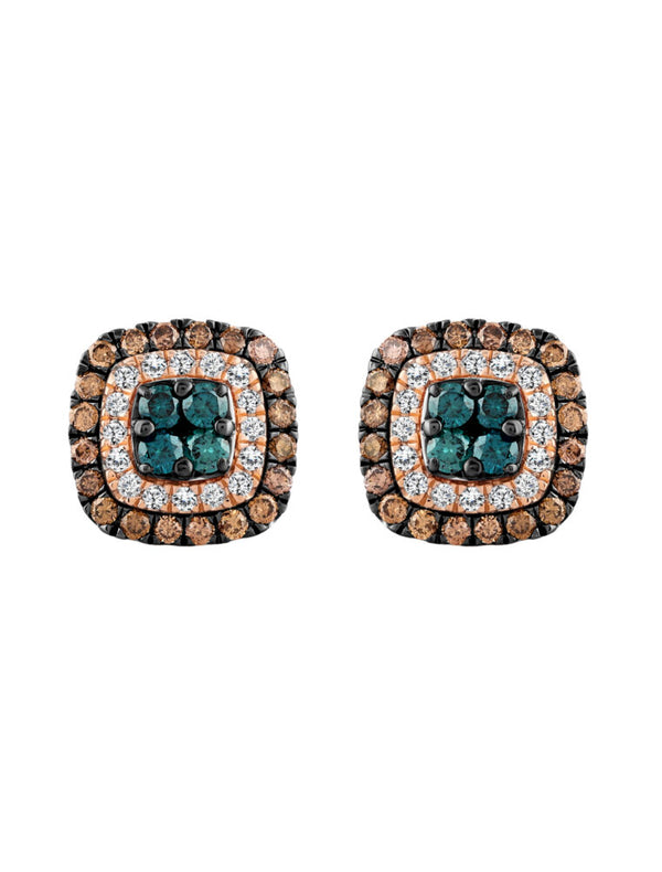 LADIES EARRINGS 1.00CT ROUND/DARK BROWN/BLUE DIAMOND 14K ROSE GOLD
