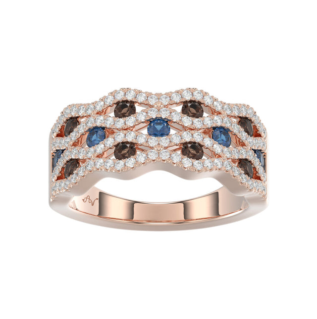 14K Rose Gold 1.00Ct Round Blue & Dark Brown Diamond Ladies Band Multi Color Fine Jewelry