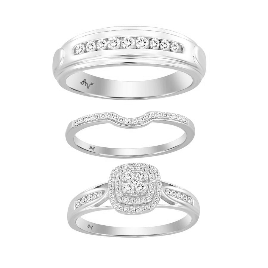 Sterling Silver White 0.50CT Round Diamond Trio Bridal Set For Women Diamond Engagement & Wedding Ring Set