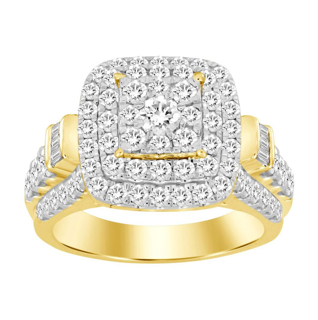 LADIES RING 2.00CT ROUND/BAGUETTE DIAMOND 10K YELLOW GOLD