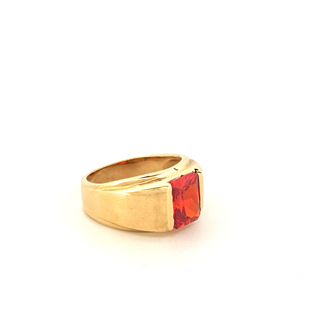 14k Yellow Gold Men's Ring With Red Stone & Cz  Size 9 Weight 9.9gr