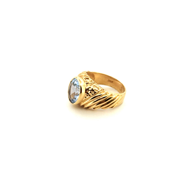 14k Yellow Gold Men's Blue Oval Stone Ring With Cz Size 8 3/4 Weight 9.1gr