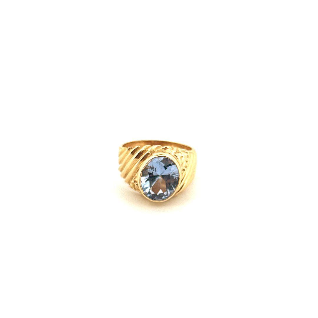 14k Yellow Gold Men's Blue Oval Stone Ring With Cz Size 8 3/4 Weight 9.1gr