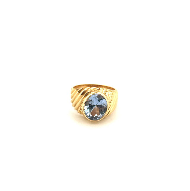 14k Yellow Gold Men's Blue Oval Stone Ring With Cz Size 8 3/4 Weight 9.1gr