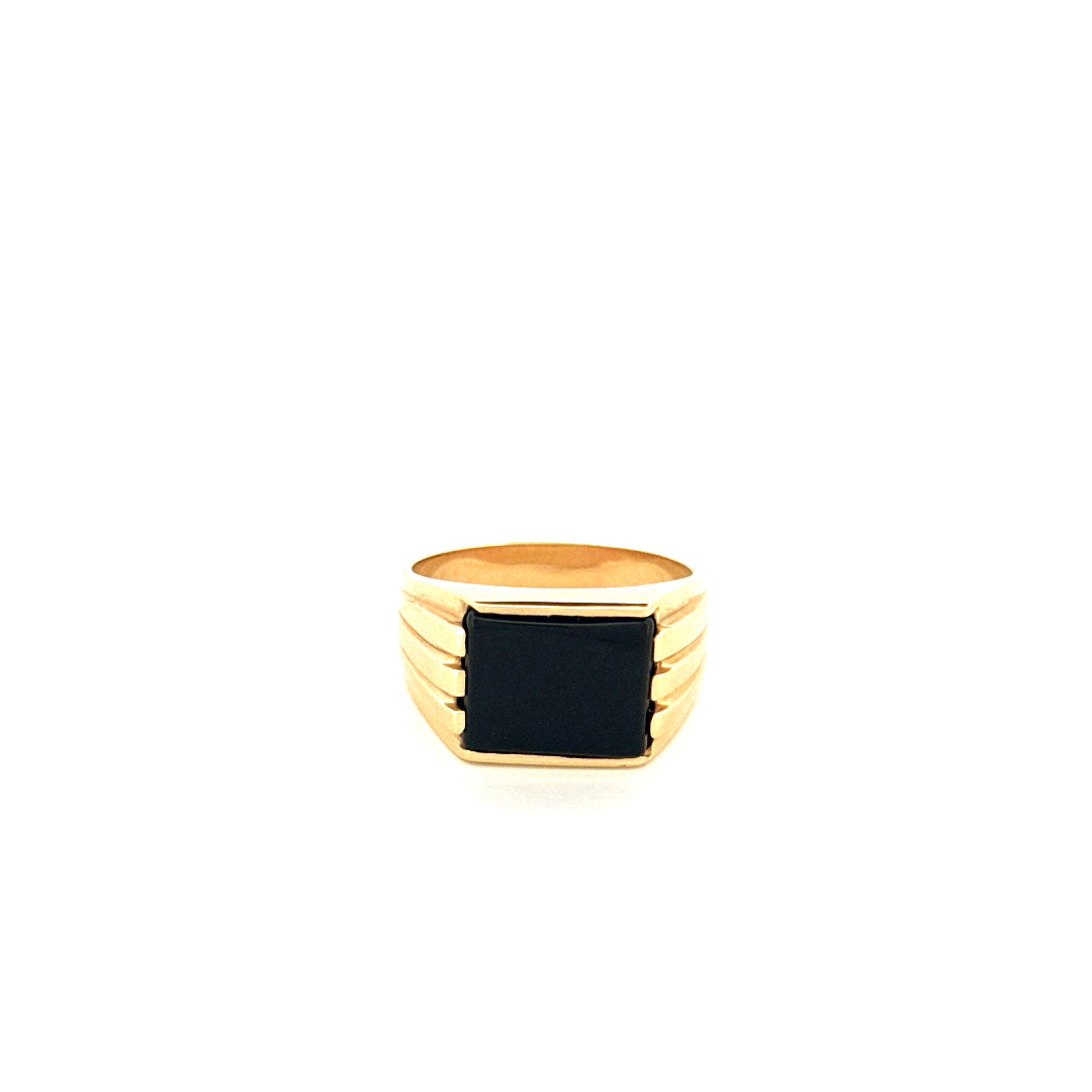 14k Yellow Gold Men's Ring With Rectangle Black Stone Size 9 Weight 7.0gr