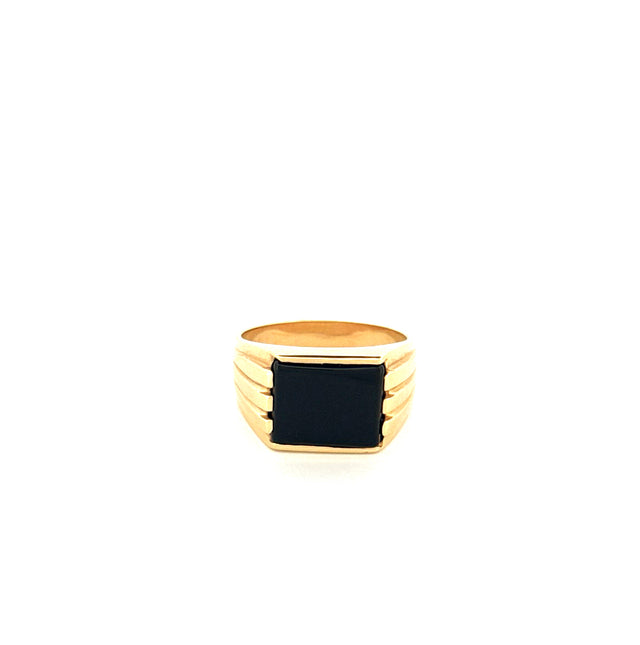 14k Yellow Gold Men's Ring With Rectangle Black Stone Size 9 Weight 7.0gr