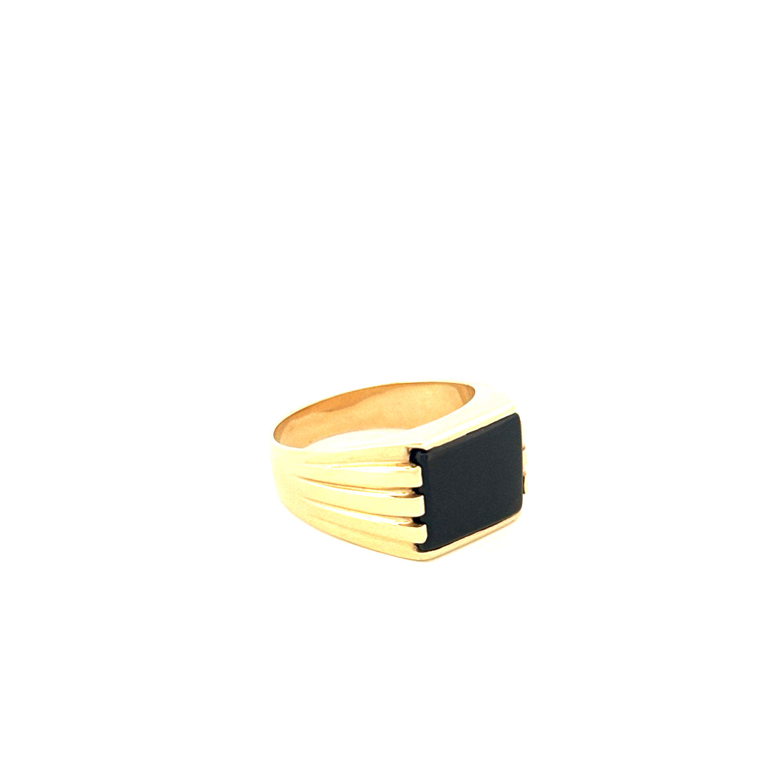 14k Yellow Gold Men's Ring With Rectangle Black Stone Size 9 Weight 7.0gr