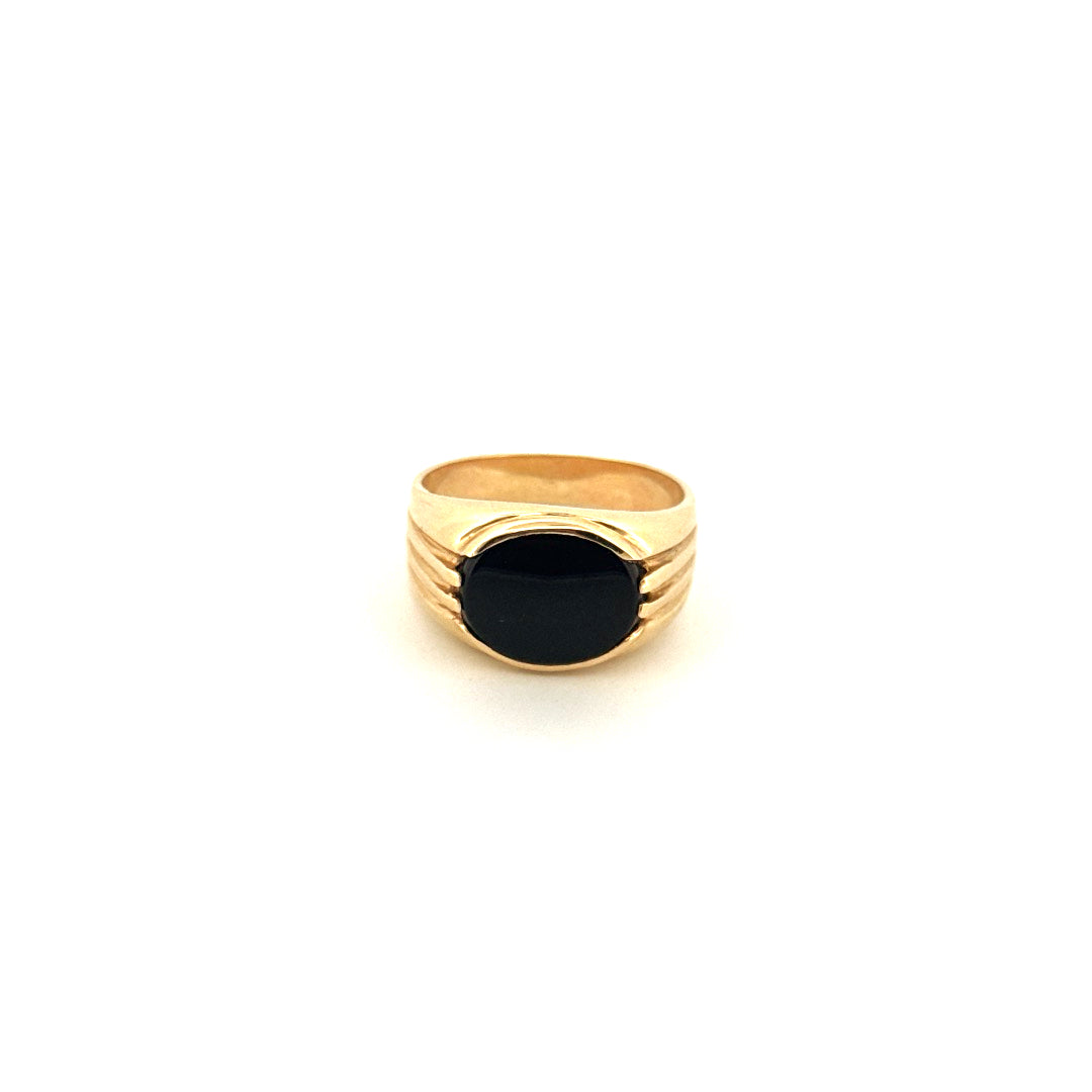 14k Yellow Gold Men's Black Oval Stone Ring Size 9 3/4 Weight 7.9gr