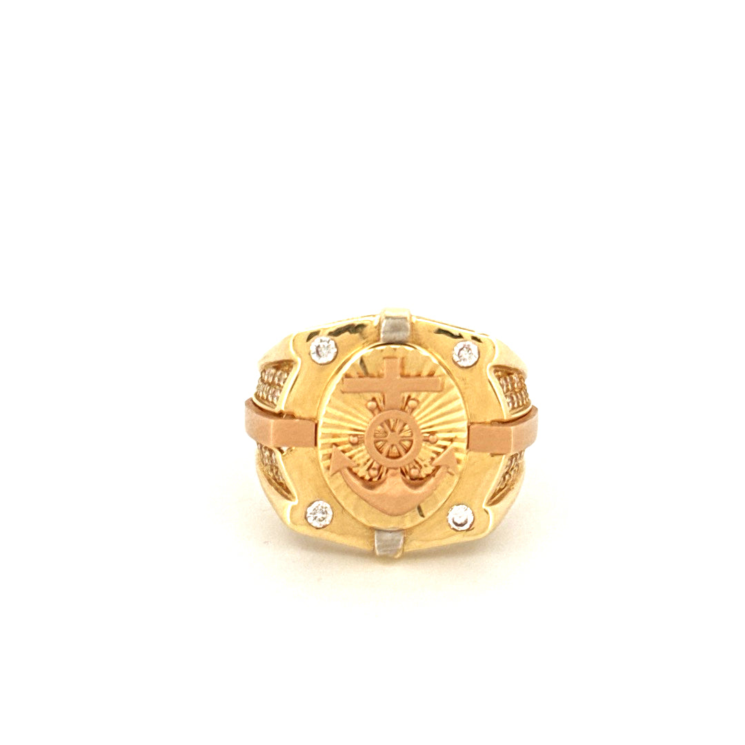 Anillo de hombre de ancla de oro tricolor de 14k con circonita, talla 9,5, peso 8,2 g