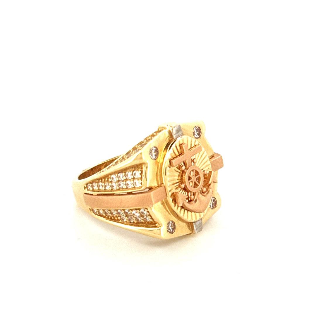 Anillo de hombre de ancla de oro tricolor de 14k con circonita, talla 9,5, peso 8,2 g
