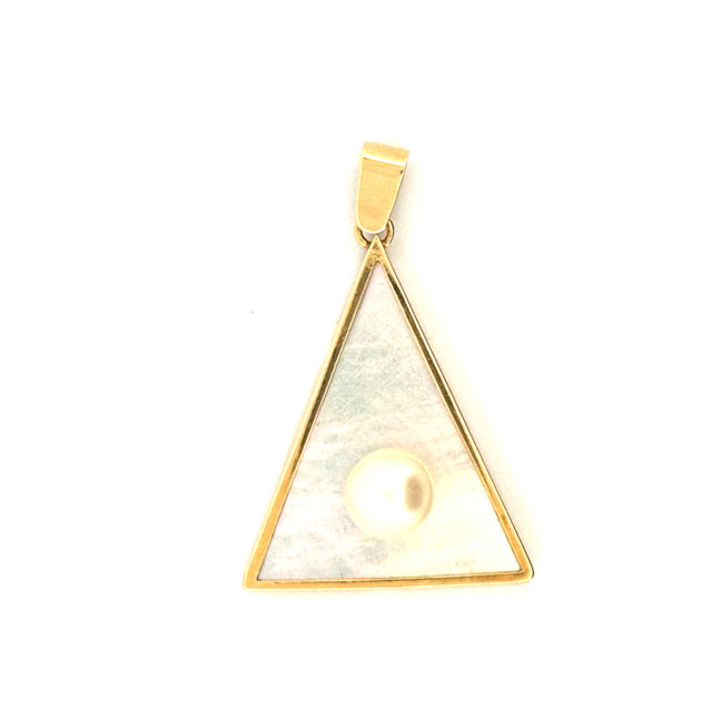18k Yellow Gold Rectangle Pendant With Mother Of Pearl & One Pearl In The Center  Weight 4.5gr