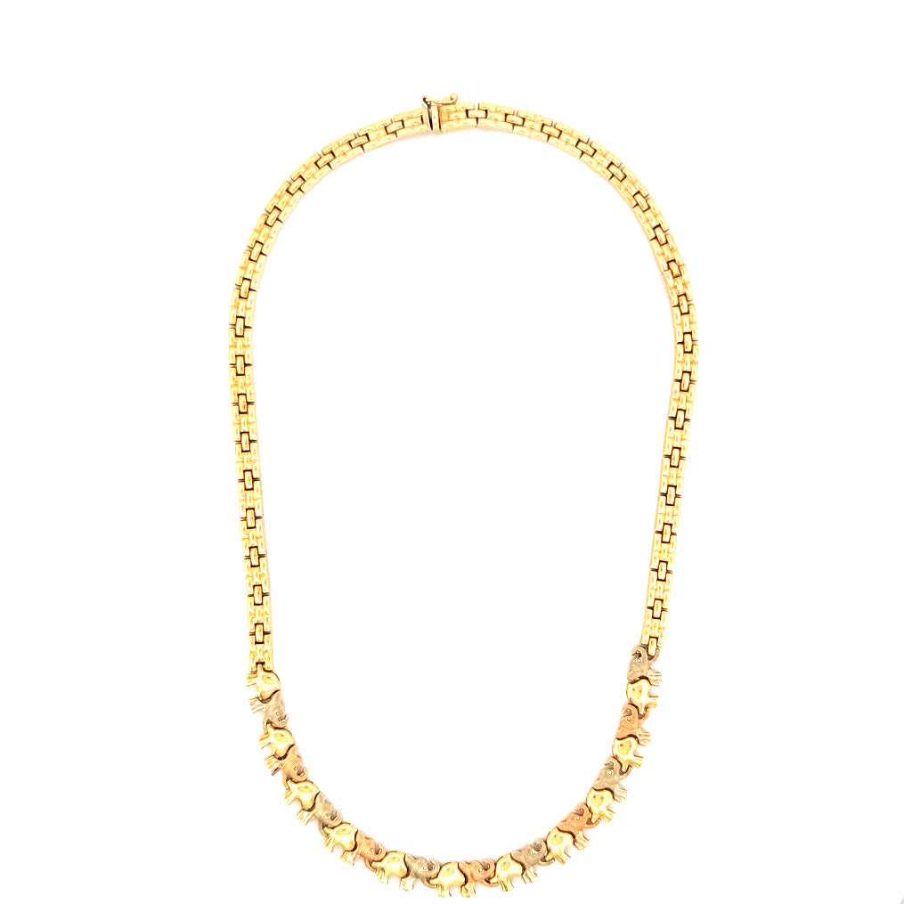 14k Tri-Color Gold Fancy Necklace With Elephants Size 15 1/4" Weight 22.7gr
