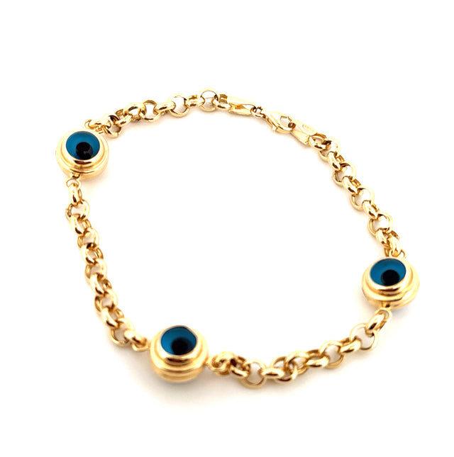 14k Yellow Gold Women's Cable Bracelet With Blue Eyes Size 8 