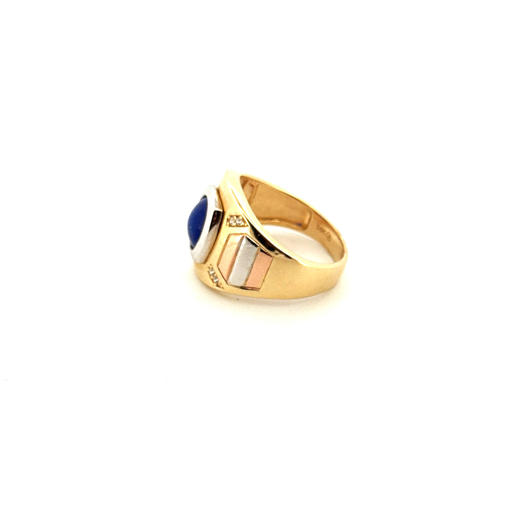14k Tri-Color Gold Men's Fancy Blue Stone Ring With Cz Size 10 Weight 7.4gr
