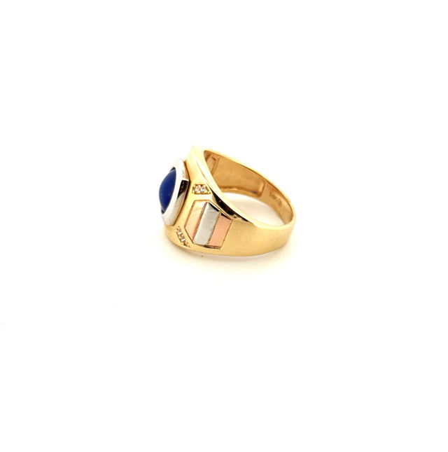 14k Tri-Color Gold Men's Fancy Blue Stone Ring With Cz Size 10 Weight 7.4gr