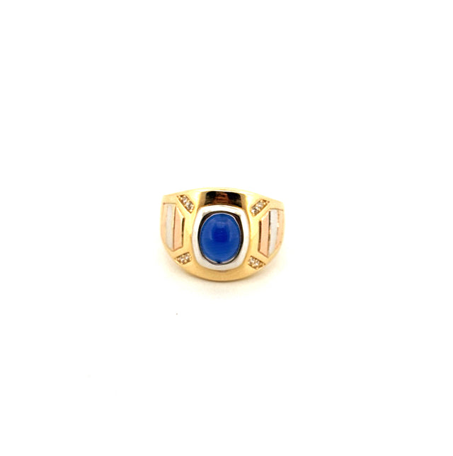 14k Tri-Color Gold Men's Fancy Blue Stone Ring With Cz Size 10 Weight 7.4gr