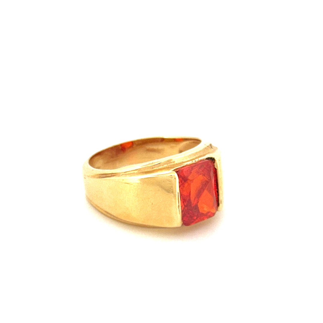 14k Yellow Gold Rectangular Orange Solitaire Men's Ring With Cz  Size 8 1/2 Weight 10.2 gr