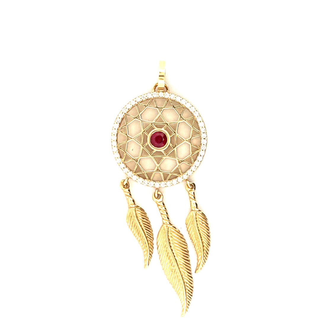 14K Yellow Gold Fancy Diamond Pendant With Red Stone Weight 8.4GR