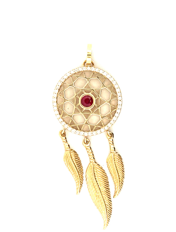 14K Yellow Gold Fancy Diamond Pendant With Red Stone Weight 8.4GR