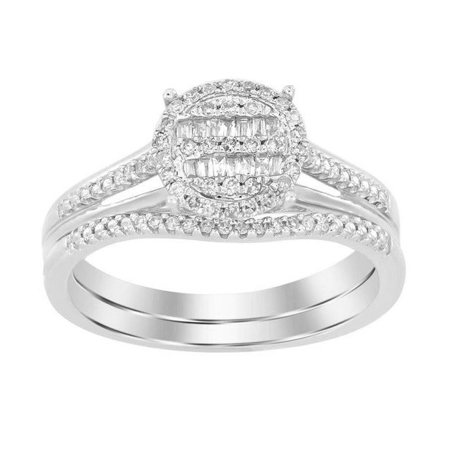 LADIES BRIDAL SET 0.25CT ROUND/BAGUETTE DIAMOND 10K WHITE GOLD