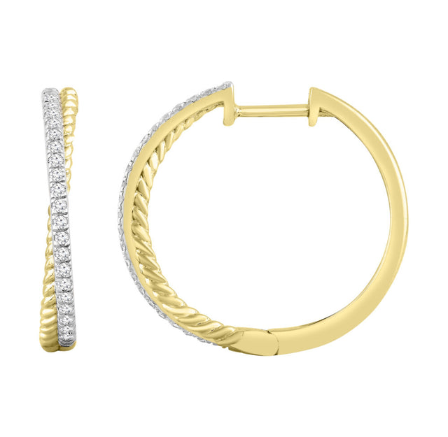 LADIES HOOPS EARRINGS 0.25CT ROUND DIAMOND 10K YELLOW GOLD