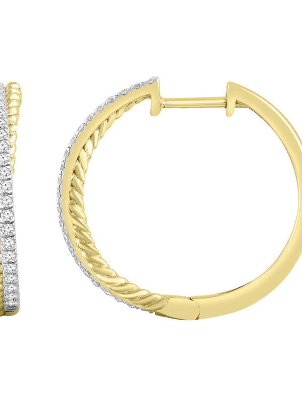 LADIES HOOPS EARRINGS 0.25CT ROUND DIAMOND 10K YELLOW GOLD