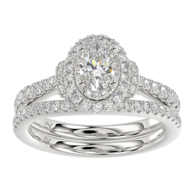 LADIES BRIDAL SET 1.20CT ROUND DIAMOND 14K WHITE GOLD (SI QUALITY) (CENTER STONE 0.50CT OVAL DIAMOND)