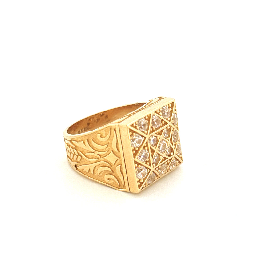 14K Yellow Gold Square Rosetta Men's Ring With Cz  Size 11  Weight 18.7 gr