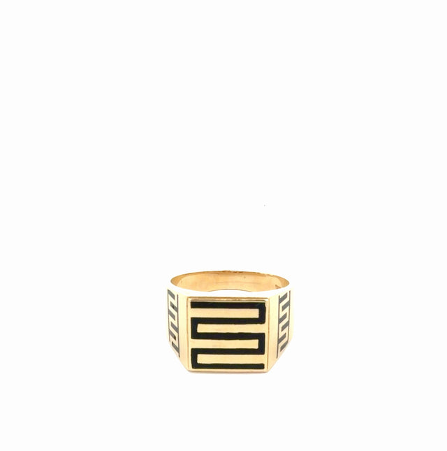 14k Yellow Gold Men's Ring With Black Greek Key Design Size 10 1/2 Weight 10.9 gr