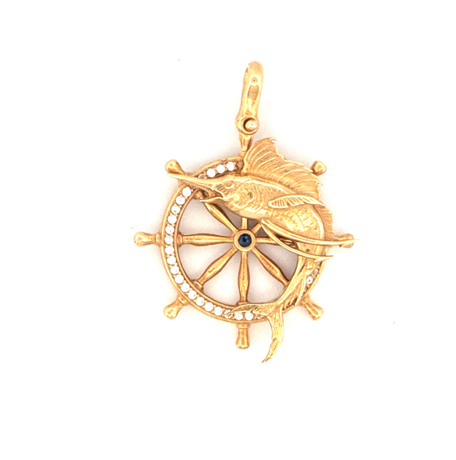 14K Yellow Gold Boat Rudder Pendant with Marlin Fish & CZ Weight 9.6 gr